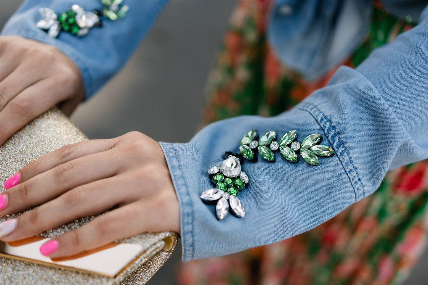 Denim Top with Green Rhinestone