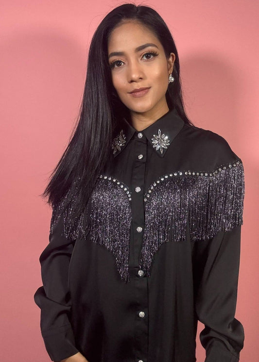 Black Rhinestone Sequined Tassel Satin Blouse