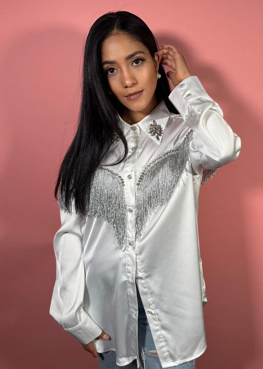 White Rhinestone Sequined Tassel Satin Blouse