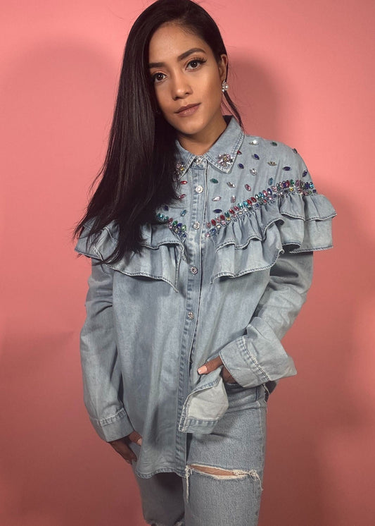 Crystal Ruffle Denim Long Sleeve Shirt