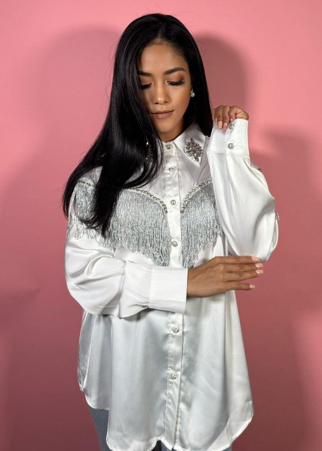 White Rhinestone Sequined Tassel Satin Blouse