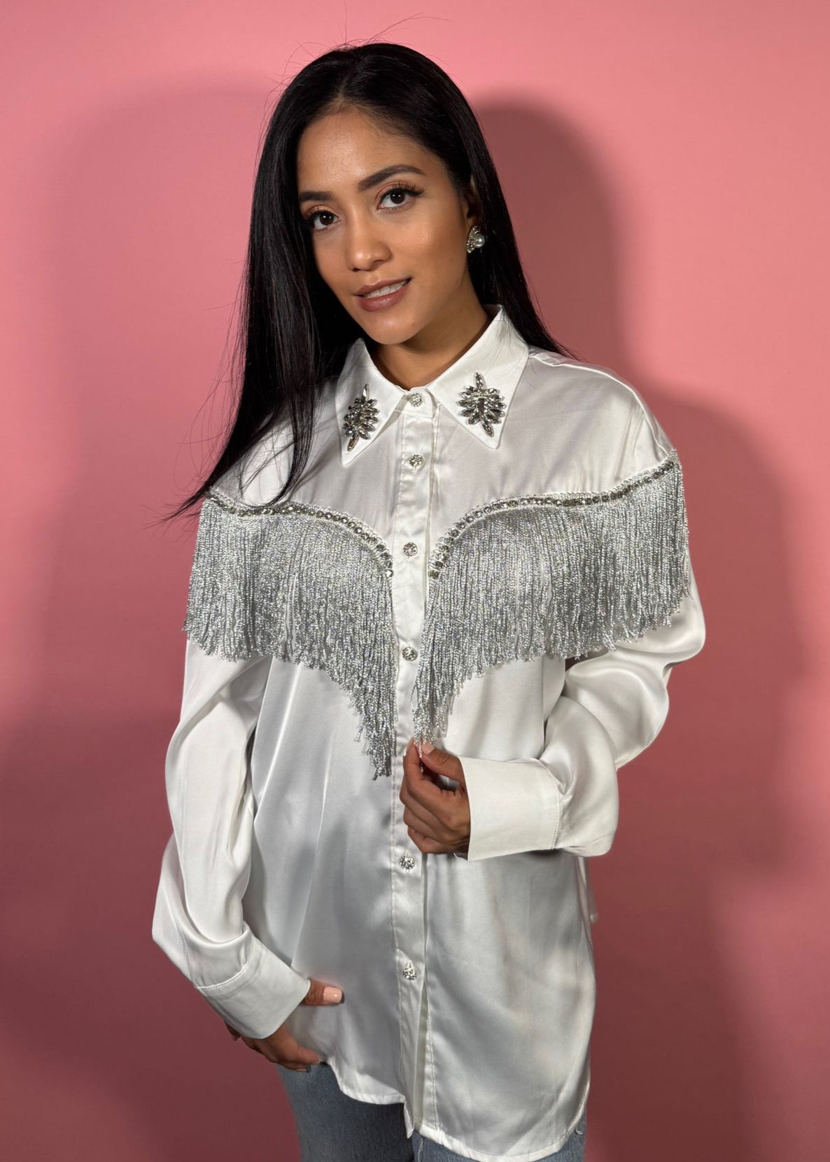 White Rhinestone Sequined Tassel Satin Blouse