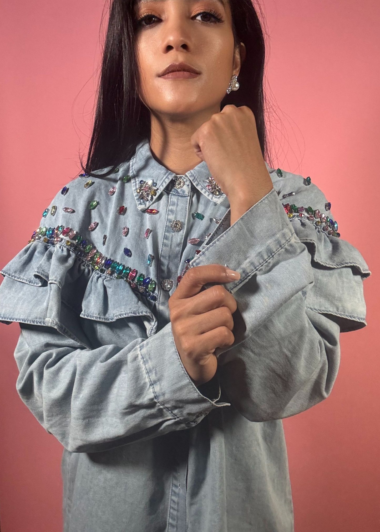 Crystal Ruffle Denim Long Sleeve Shirt