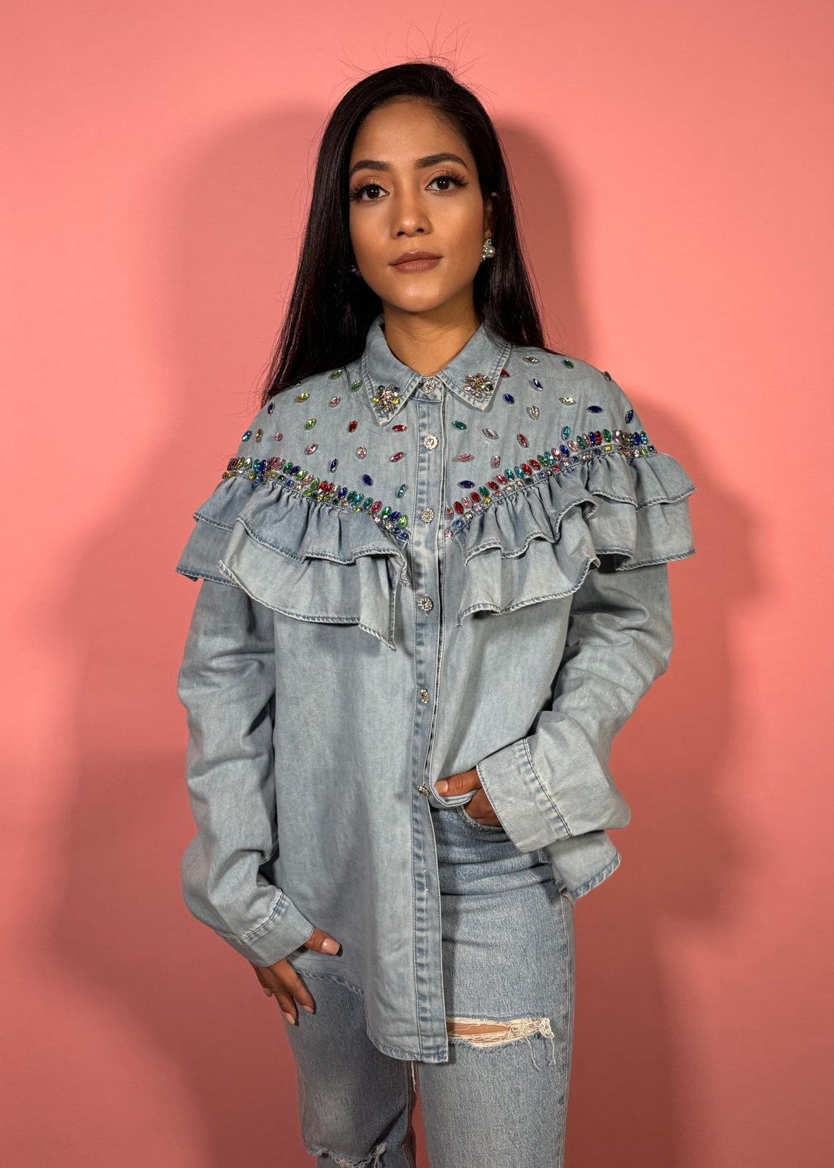 Crystal Ruffle Denim Long Sleeve Shirt