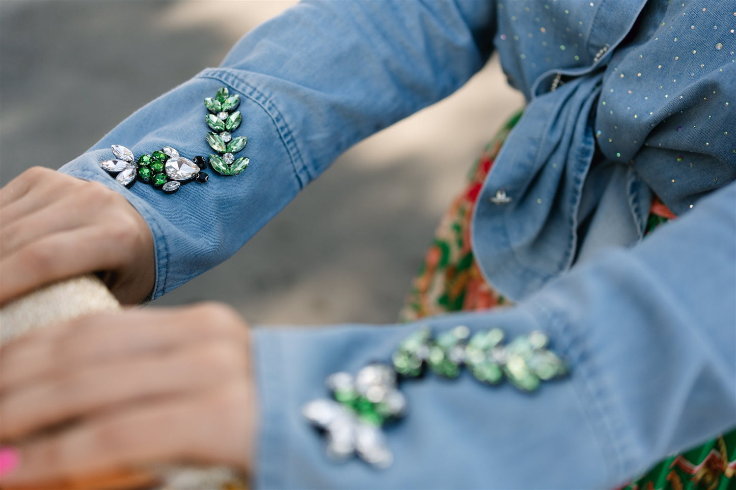 Denim Top with Green Rhinestone