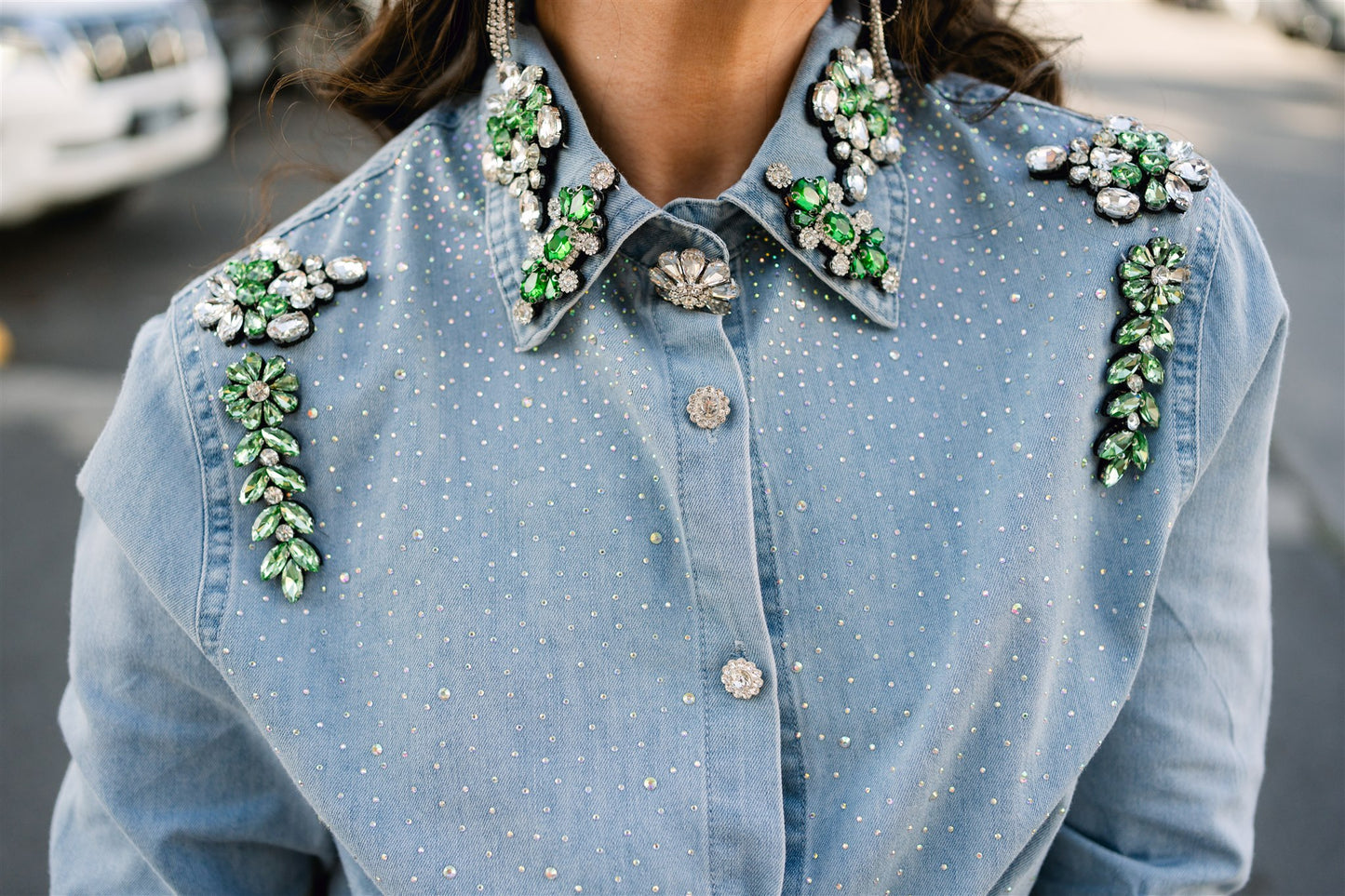 Denim Top with Green Rhinestone