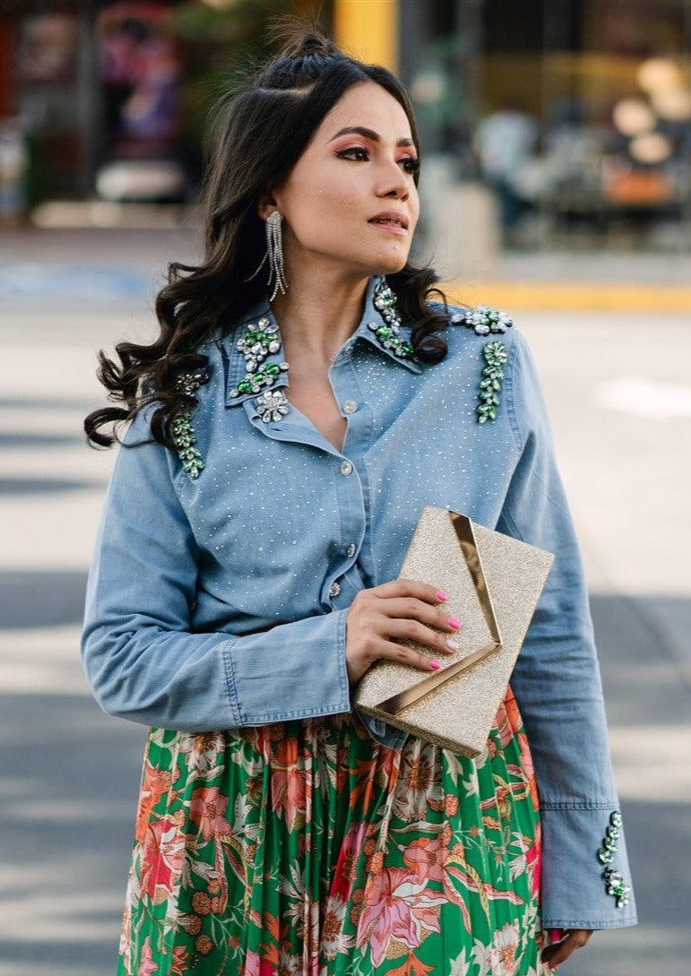 Denim Top with Green Rhinestone